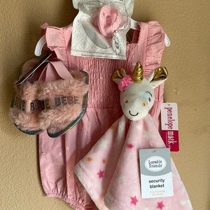Baby girl 3/6 month baby shower bundle romper slippers pacifier & unicorn lovey